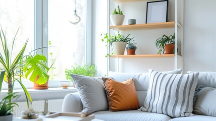 Bright living room space at modern apartment. Comfortable sofa with cushions near big window. Wooden shelf with pots, home decor and picture with copy space on white wall. : Generative AI