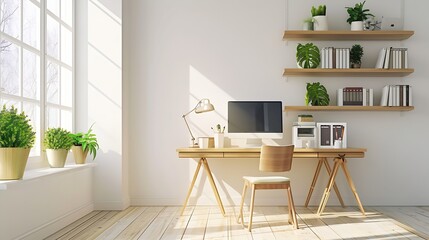 Clean, bright and empty home office interior organized with a computer and desk inside. Modern, contemporary and work space view of a decorated room with stylish decor and wooden furni : Generative AI