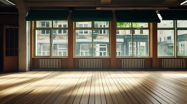 Empty room with wooden flooring, aluminum windows with radiators below with green awnings on the outside and oak joinery : Generative AI