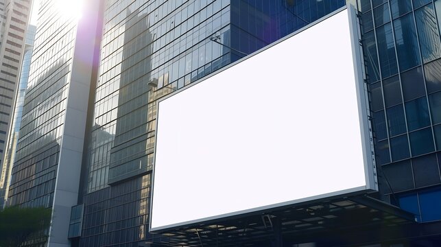 Large horizontal blank advertising poster billboard banner mockup in front of building in urban city; digital light box display screen for OOH media. 12 sheet out-of-home : Generative AI