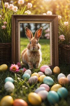 A bunny rabbit is framed by a picture frame, surrounded by colorful Easter eggs.
