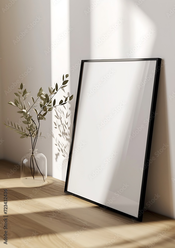Poster minimalist aesthetic frame mockup poster template on the table leaning on the white wall from side a