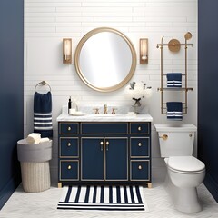 A bathroom with a contemporary twist on nautical design. Picture sleek navy blue cabinetry, brass fixtures, and maritime-inspired patterns