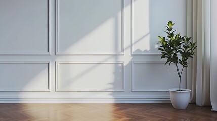 Fototapeta premium White classic wall background, brown parquet floor, home furniture detail, frame and vase of plant. : Generative AI