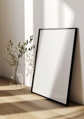 minimalist aesthetic frame mockup poster template on the table leaning on the white wall from side angle. wall in modern interior background. 50x70, 20x28, 20RP frame mockup poster : Generative AI