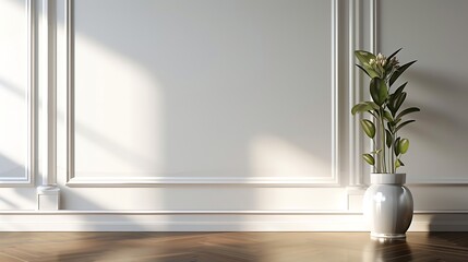 White classic wall background, brown parquet floor, home furniture detail, frame and vase of plant. : Generative AI