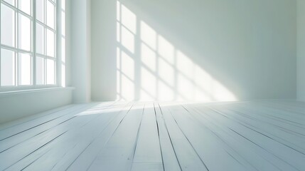 Fototapeta premium Empty room with whitewashed floating laminate flooring and newly painted white wall in background : Generative AI