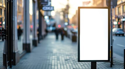 Fototapeta premium Blank city format (LightPoster, CityLight) banner pylon on the sidewalk mockup. Billboard in the city center mock up. Blurred background, focus on foreground, copy space : Generative AI