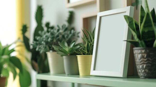 Interior design of living room with brown mock up photo frame on the green shelf with beautiful plants in different hipster and design pots. Elegant personal accessories. Home gardenin : Generative AI