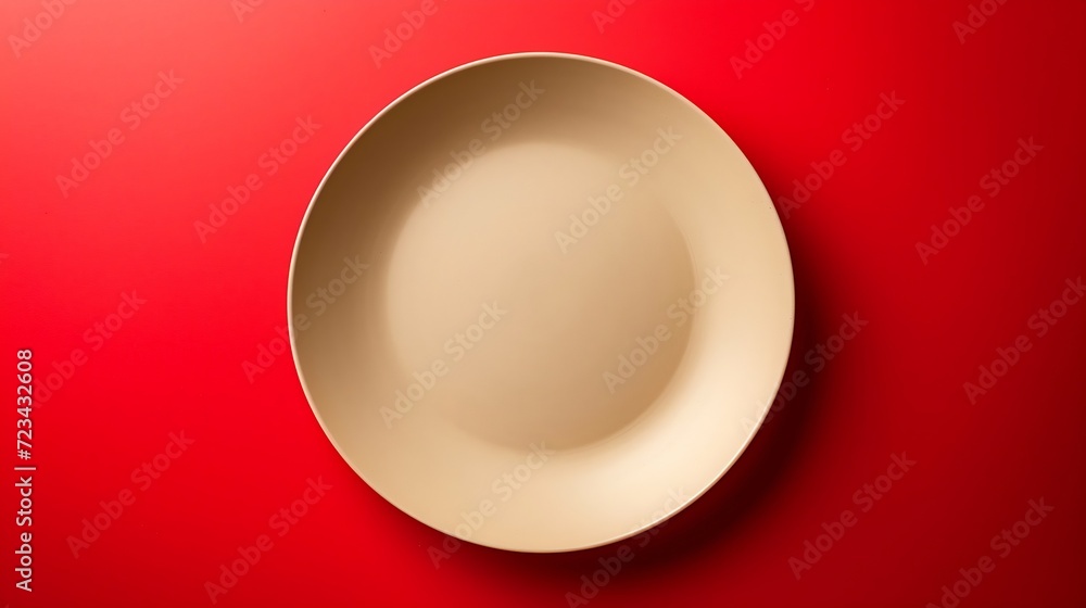 Poster empty beige ceramic plate on red background, top view. space for text : generative ai