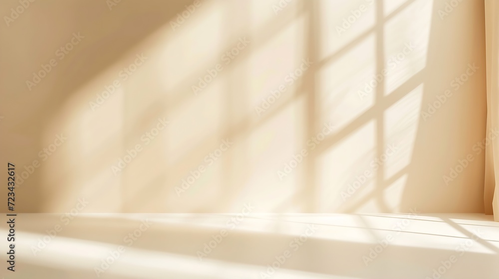 Poster Minimalistic abstract gentle light beige background for product presentation with light and shadow of window curtains on wall. : Generative AI