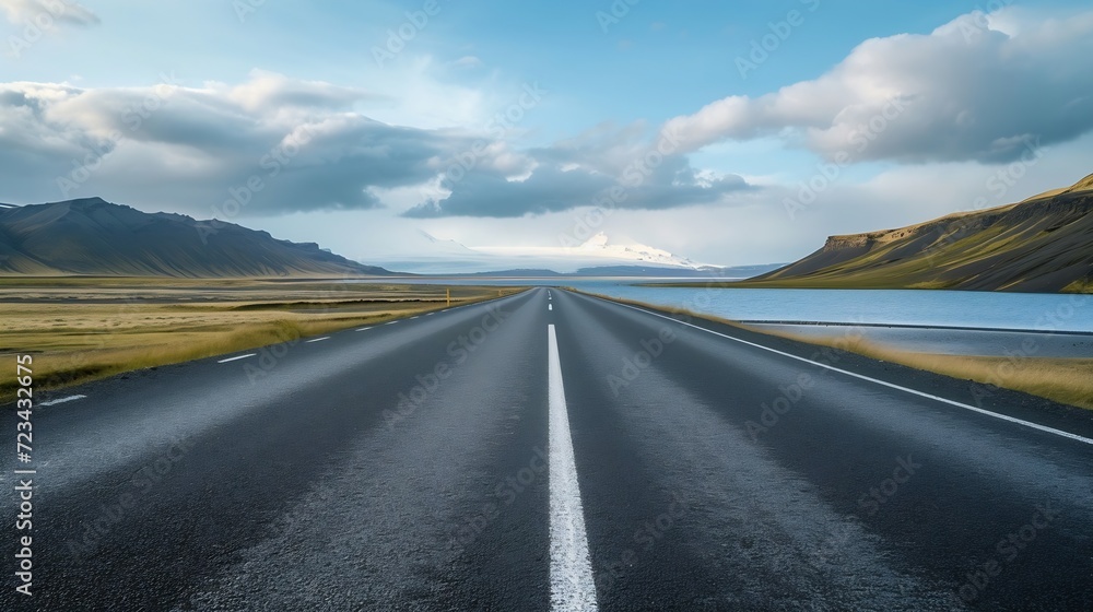 Poster diminishing perspective of asphalt empty roadway with road markings passing through scenic lake agai