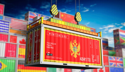 Freight shipping container with national flag of Montenegro - 3D illustration - obrazy, fototapety, plakaty