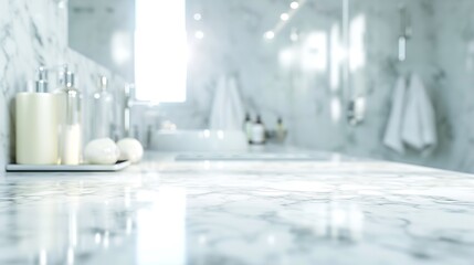 abstract blur interior luxury modern bathroom background with white marble counter tabletop for show,promote,ads product design on display : Generative AI