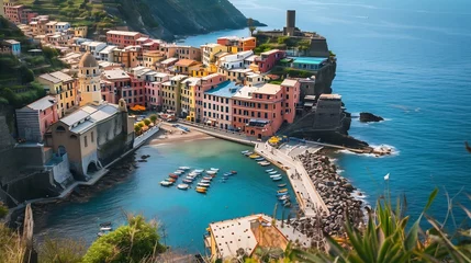 Poster Scenic view of colorful village Vernazza and ocean coast in Cinque Terre, Italy : Generative AI © Generative AI