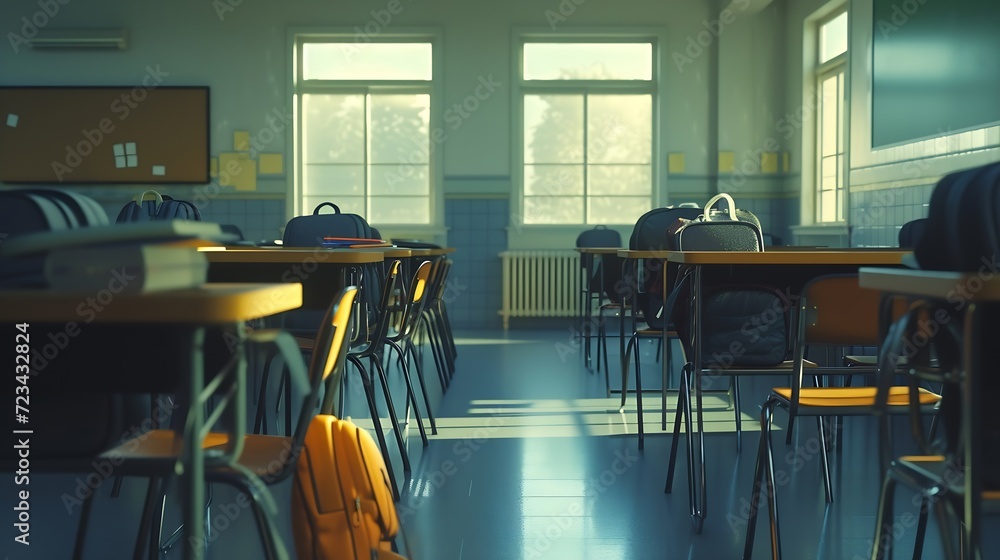 Poster interior of stylish empty classroom with backpacks and stationery : generative ai