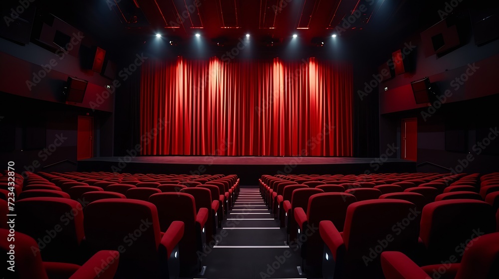 Poster Darkened empty movie theatre and stage with the red curtains drawn viewed over rows of vacant seats from the rear : Generative AI