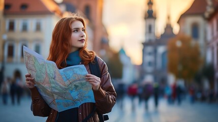 Attractive young female tourist is exploring new city. Redhead girl holding a paper map on Market...