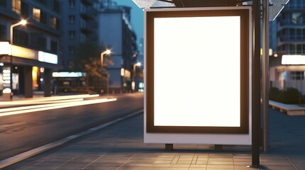 Blank white mockup of bus stop vertical billboard in empty street : Generative AI