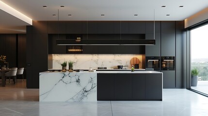 Front view of a modern designer kitchen with smooth handleless cabinets with black edges, black glass appliances, a marble island and marble countertops : Generative AI