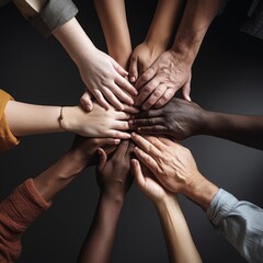 Multicultural team of professionals, hands unite in solidarity, teamwork embodied, celebration of collaborative victory