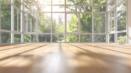 an empty living room with wood flooring and large windows looking out onto the trees that line the street outside : Generative AI