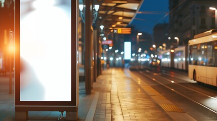 Vertical billboard at a public transport stop. Tram station. Mock-up. : Generative AI