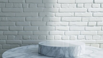 Fototapeta na wymiar Empty marble podium on bathroom table before white brick wall : Generative AI