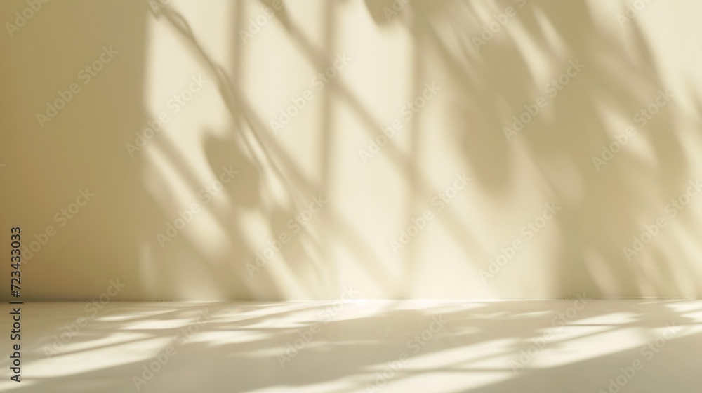 Poster Minimalistic abstract gentle light beige background for product presentation with light and shadow of window curtains on wall. : Generative AI