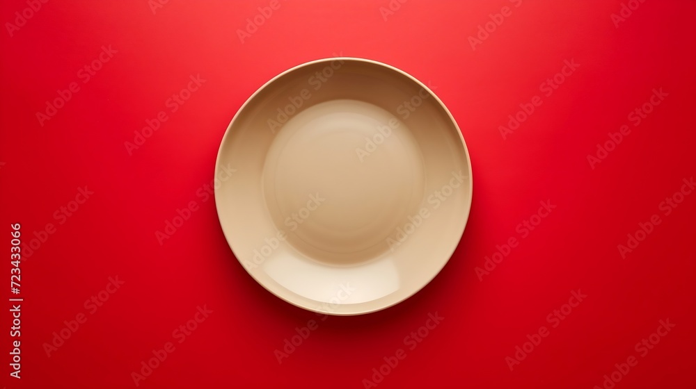 Aufkleber empty beige ceramic plate on red background, top view. space for text : generative ai