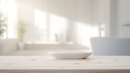 Fototapeta na wymiar Empty tabletop for product display with blurred bathroom interior background : Generative AI