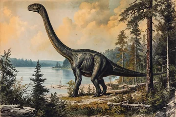 Fotobehang Long necked sauropod dinosaur standing on an elevated piece of land covered with grass and small plants, antique old colored style art. The image has an aged damaged appearance. Generative AI image. © Mark K. Barry