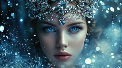 A stunning portrait of a queen with a flawless complexion and piercing blue eyes, adorned with a jeweled tiara and surrounded by royal sparks in shades of silver and blue.