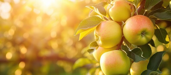 Unripe apples on tree branches in a sunny apple orchard during harvest.