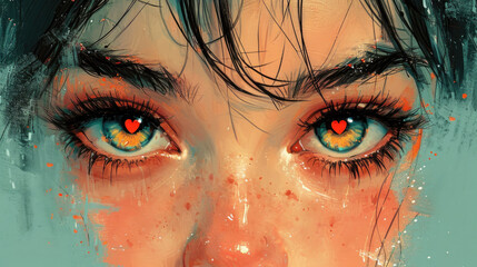 Expressive Gaze, Heart-Shaped Pupils, Abstract Art Illustration