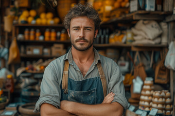 Fototapeta premium An image of a small local business owner in their shop, depicting the reality of entrepreneurship. Concept of small business struggles and successes. Generative Ai.