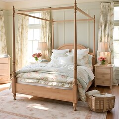 A bedroom inspired by a peaceful countryside retreat. Picture floral patterns, soft pastels, and rustic wooden furniture.