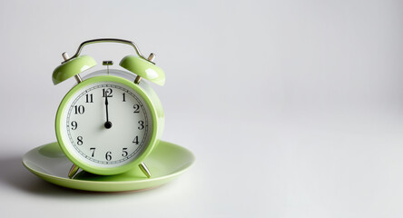 Weight loss and dieting concept with alarm clock on the plate on isolated light pastel grey background