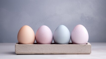 Colorful painted easter eggs in an eggbox on isolated pastel grey background