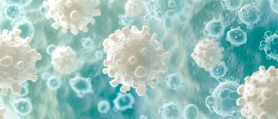 a background depicting white blood cells in action, symbolizing immune defense, with a palette of white, soft blues, and pale greens. clinical look. - obrazy, fototapety, plakaty