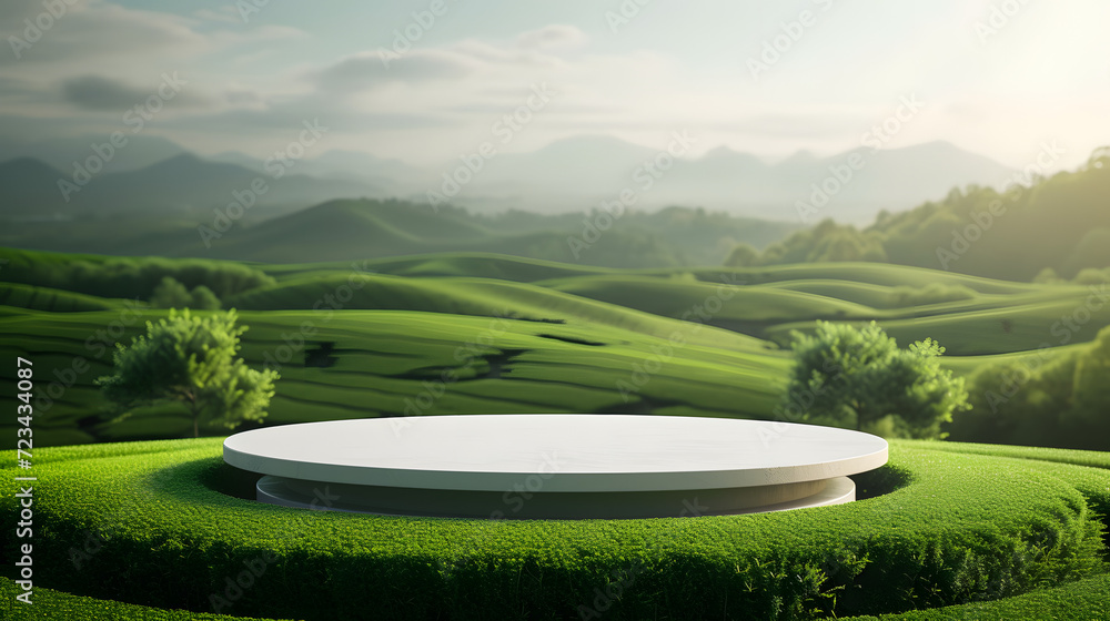 Sticker Modern podium with green tea field background.