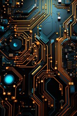 Wallpaper, abstract background, background of an orange circuit line and circuit board, in the style of dark black and cyan, digital print, light and color effects