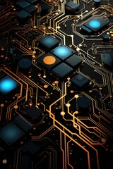 Wallpaper, abstract background, background of an orange circuit line and circuit board, in the style of dark black and cyan, digital print, light and color effects