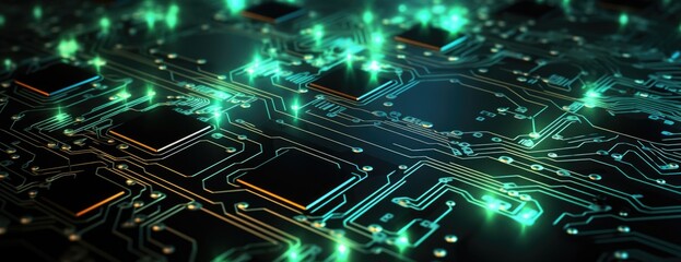 Fototapeta premium an abstract image of an electronic circuit board with green lines, in the style of flat abstraction, smokey background