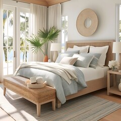 A bedroom inspired by a coastal retreat. Picture a palette of soft blues, whites, and sandy neutrals. Visualize light, breezy curtains, and natural textures like rattan and driftwood.
