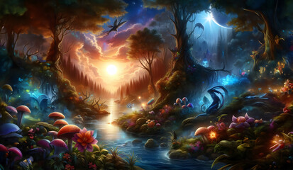 Magic forest wallpaper, surreal fantasy landscape 