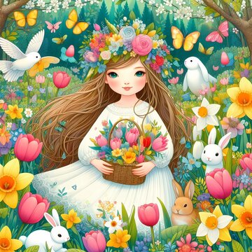 Easter girl with rabbits and flowers