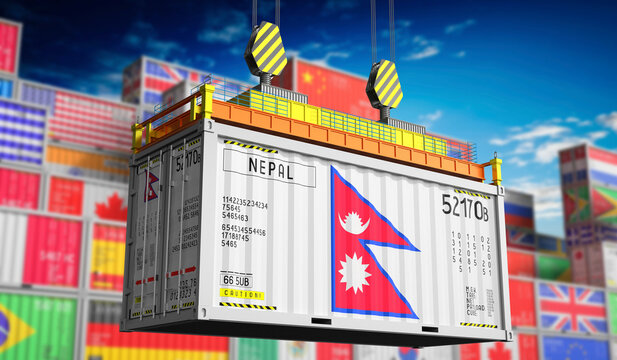 Freight shipping container with national flag of Nepal - 3D illustration