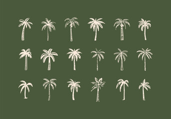 Hand drawn palm tree doodle element set. Colorful hawaiian clipart, isolated summer vacation collection in vintage art style. Tropical plant painting illustration bundle. © Dedraw Studio