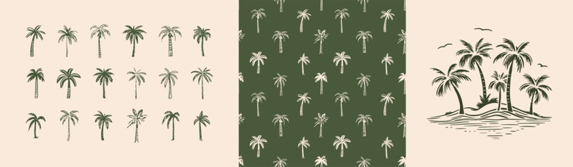 Hand drawn palm tree doodle seamless pattern set. Colorful hawaiian print, summer vacation background collection in vintage art style. Tropical plant painting illustration bundle. - obrazy, fototapety, plakaty